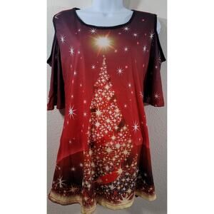 Fashion Red Christmas Tree With Stars Printed Cold Shoulder Top Large Soft Flowy